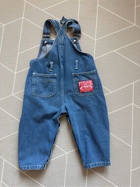 Fun Duds|Baby boy/Kids Vintage Blue Denim Overalls in cargo style-Red logo•••24M